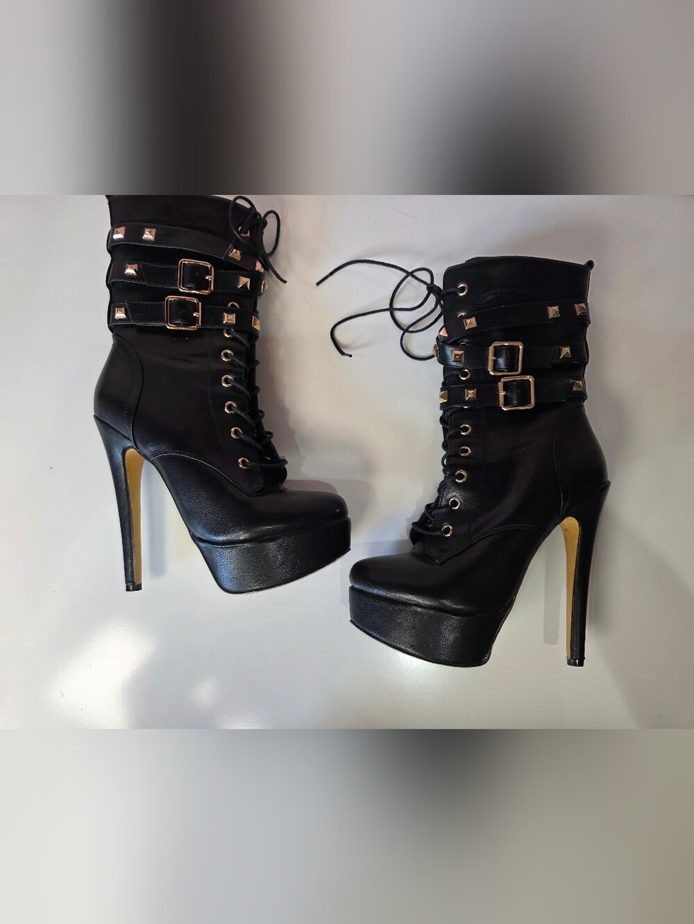 Only Maker Size 37 Black Studded Platform Stiletto Lace Up Boots
